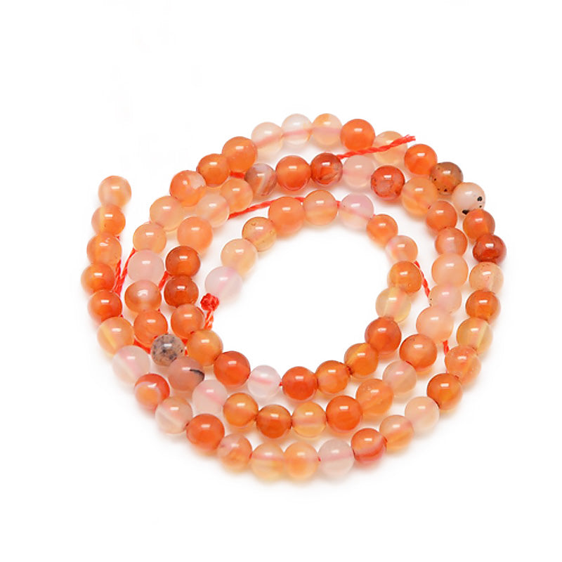 Carnelian Stone Beads, Round, Orange Red Color. Semi-Precious Gemstone Beads for DIY Jewelry Making.   Size: 4mm Diameter, Hole: 1mm; approx. 92pcs/strand, 15" Inches Long.  Material: Premium Grade Carnelian Stone Beads. High Quality Stone Beads. Variance of Orange and Red Color. Shinny, Polished Finish. Also Referred to as Carnelian Agate. 