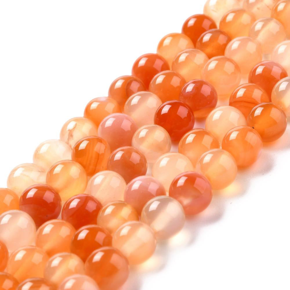 Premium Grade Carnelian Stone Beads, Round, Orange Red Color. Semi-Precious Gemstone Beads for DIY Jewelry Making.   Size: 8mm Diameter, Hole: 1mm; approx. 44pcs/strand, 15" Inches Long.  Material: Grade "A" Carnelian Stone Beads. High Quality Stone Beads. Variance of Orange and Red Color. Shinny, Polished Finish. Also Referred to as Carnelian Agate. 