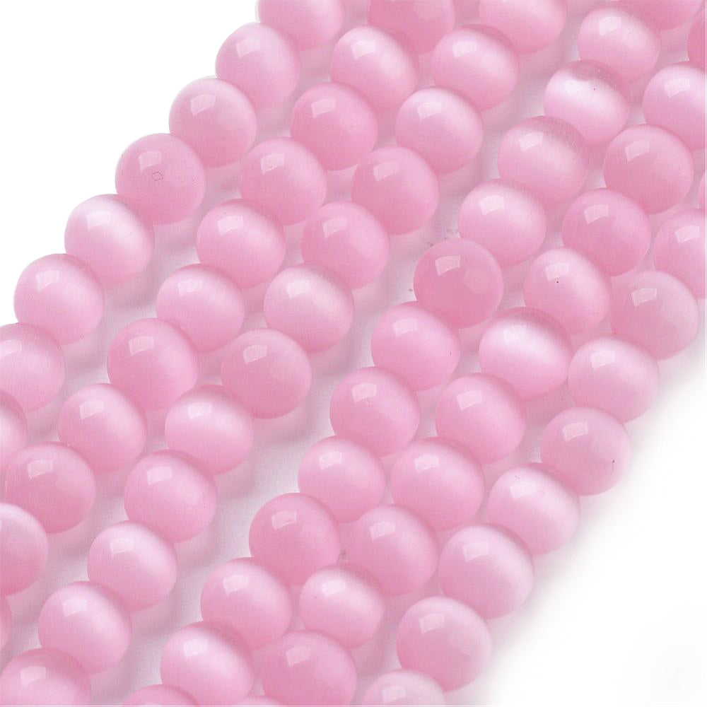 Cat Eye Glass Beads, Round, Pink Color.  Size: 6mm Diameter, Hole: 1mm; approx. 64pcs/strand, 14" Inches Long  Material: Glass Beads; Cats Eye Glass Beads. Pink Color. Polished, Shinny Finish.