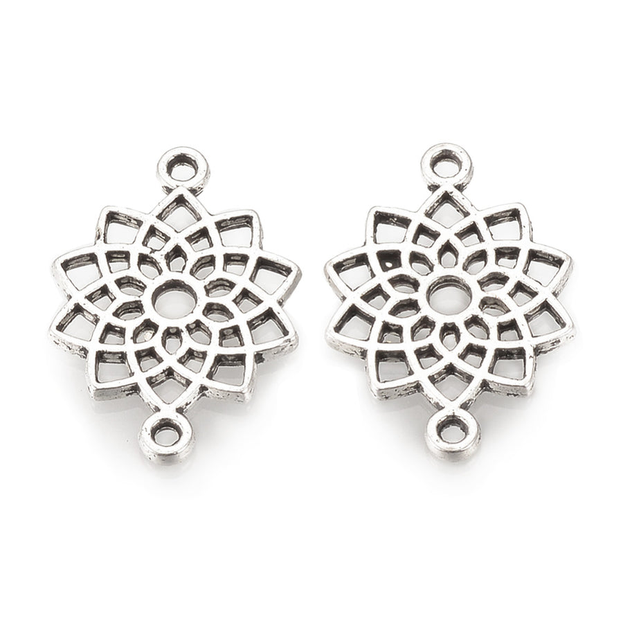 Chakra Sahasrara, Link Connectors. Antique Silver Colored Flower Connectors for DIY Jewelry Making.   Size: 19mm Length, 14mm Width, 1.5mm Thick, Hole: 1.5mm, Quantity: 5pcs/bag.  Material: Alloy (Lead and Cadmium Free) Connectors, Links. Chakra Sahasrara Shape. Antique Silver Color. Shinny Finish.