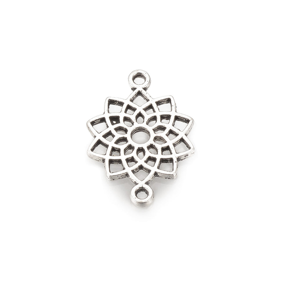 Chakra Sahasrara, Link Connectors. Antique Silver Colored Flower Connectors for DIY Jewelry Making.   Size: 19mm Length, 14mm Width, 1.5mm Thick, Hole: 1.5mm, Quantity: 5pcs/bag.  Material: Alloy (Lead and Cadmium Free) Connectors, Links. Chakra Sahasrara Shape. Antique Silver Color. Shinny Finish.