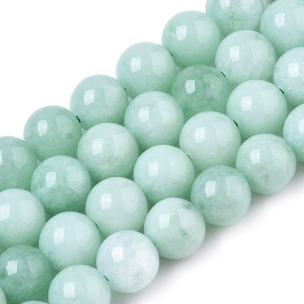 Stunning Aquamarine Jade Chalcedony Beads, Round, Bright Aqua Green Color. Semi-Precious Crystal Gemstone Beads for Jewelry Making.   Size: 8mm Diameter, Hole: 0.8mm; approx. 46pcs/strand, 15" Inches Long.  Material: Imitation Aquamarine Jade Beads made from Natural Chalcedony Beads, Dyed, Bright Green Aquamarine Color.  Vibrant Aqua Green Colored Beads. Polished, Shinny Finish.