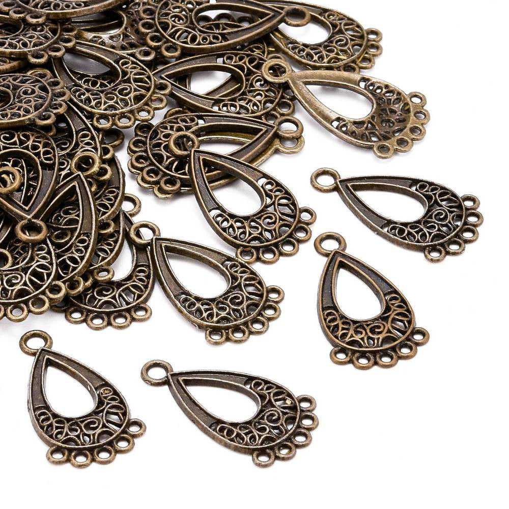 Chandelier Link Connectors, Tear Drop. Antique Bronze Colored Tear Drop Connectors for DIY Jewelry Making. Great for Making Boho Earrings or Dangle Earrings. Earring Component Links.  Size: 28mm Length, 15.5mm Width, 1mm Thick, Hole: 1mm, Quantity: 4pcs/bag.  Material: Alloy (Lead and Cadmium Free) Connectors, Links.. Antique Bronze Color. 