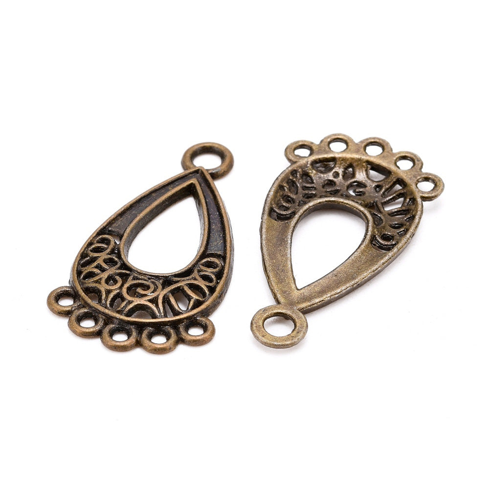 Chandelier Link Connectors, Tear Drop. Antique Bronze Colored Tear Drop Connectors for DIY Jewelry Making. Great for Making Boho Earrings or Dangle Earrings. Earring Component Links.  Size: 28mm Length, 15.5mm Width, 1mm Thick, Hole: 1mm, Quantity: 4pcs/bag.  Material: Alloy (Lead and Cadmium Free) Connectors, Links.. Antique Bronze Color. 