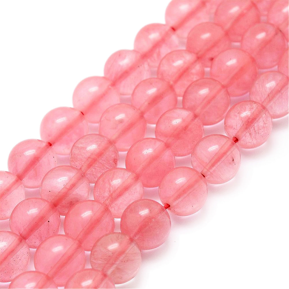 Natural Cherry Quartz Beads, Round, Clear Rose Pink Color. Semi-Precious Gemstone Beads for DIY Jewelry Making. Gorgeous, High Quality Natural Stone Beads.  Size: 10mm Diameter, Hole: 1mm; approx. 36pcs/strand, 15" Inches Long.  Material: Natural Cherry Quartz Beads, High Quality, Affordable Crystal Beads. Pale Salmon Pink Color. Polished, Shinny Finish. 