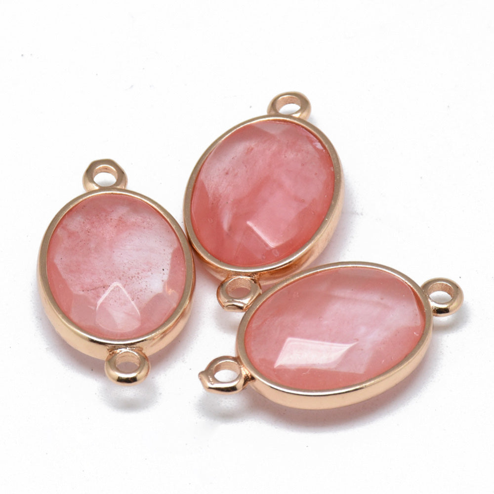 Faceted Natural Cherry Quartz Link Connectors, Oval Shape.  Light Pink Colored Connector for DIY Jewelry Making.   Size: 27mm Length, 14mm Width, 6mm Thick, Hole: 2mm, Quantity: 1pcs/bag.  Material: Genuine Cherry Quartz Stone Beads.  Oval Shaped with Golden Brass Findings.