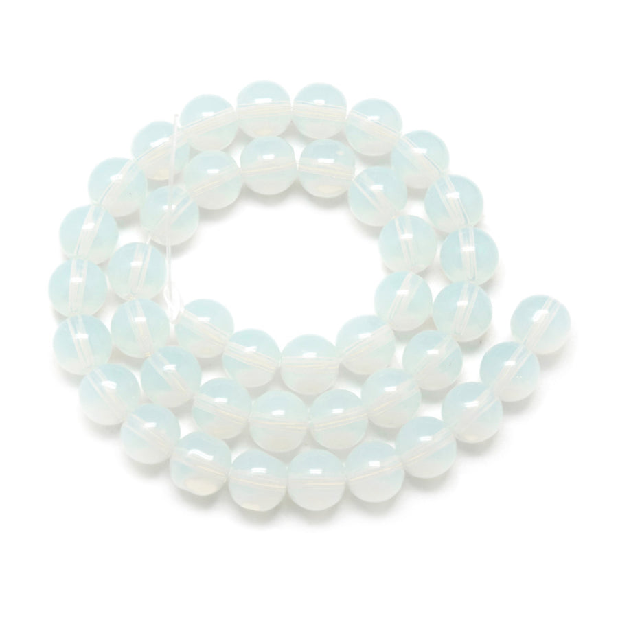 Opal Beads, Round, Clear White Color. Semi-Precious Gemstone Beads for DIY Jewelry Making. Affordable Beads.  Size: 8mm Diameter, Hole: 1mm; approx. 46pcs/strand, 15" Inches Long.  Material: Opal Beads, Synthetic Opalite Beads. Clear White Color. Polished, Shinny Finish. 