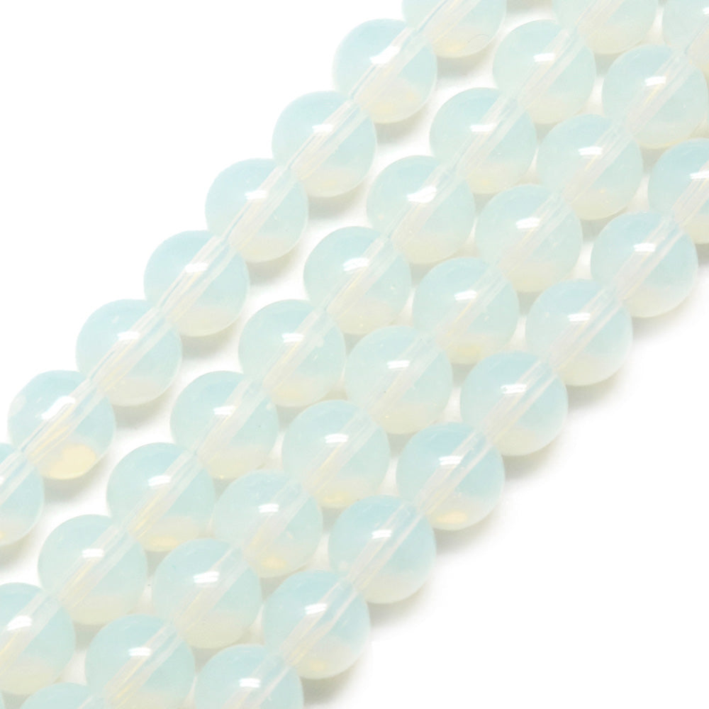 Opal Beads, Round, Clear White Color. Semi-Precious Gemstone Beads for DIY Jewelry Making. Affordable Beads.  Size: 8mm Diameter, Hole: 1mm; approx. 46pcs/strand, 15" Inches Long.  Material: Opal Beads, Synthetic Opalite Beads. Clear White Color. Polished, Shinny Finish. 