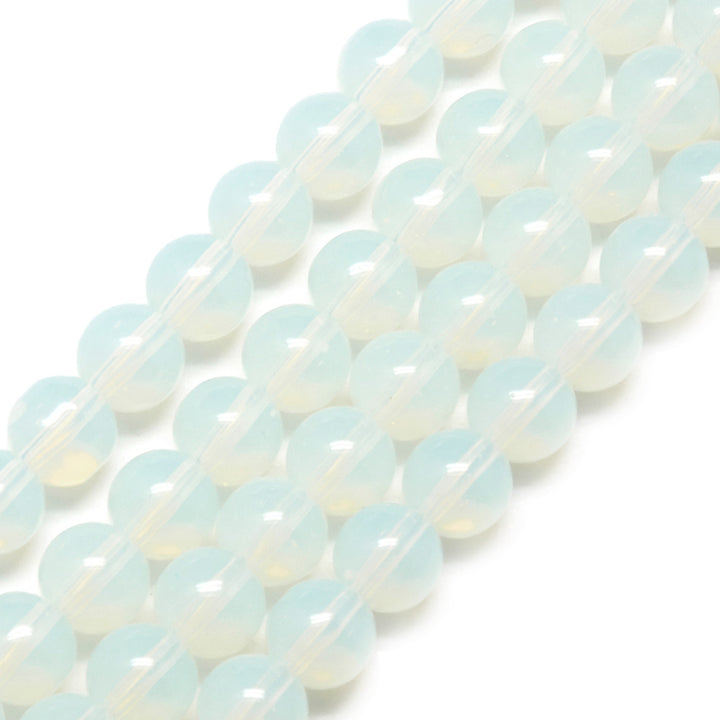 Opal Beads, Round, Clear White Color. Semi-Precious Gemstone Beads for DIY Jewelry Making. Affordable Beads.  Size: 8mm Diameter, Hole: 1mm; approx. 46pcs/strand, 15" Inches Long.  Material: Opal Beads, Synthetic Opalite Beads. Clear White Color. Polished, Shinny Finish. 