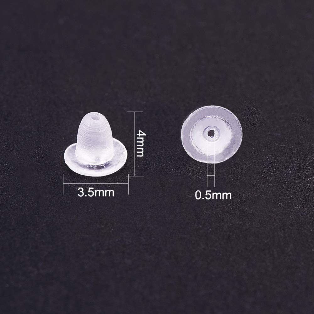 Soft Plastic Earring Backings, Clear Color. Earring back stopper to prevent loss of earrings.  Size: 3.5mm Width, 4mm Length, Hole: 0.7mm, approx. 50pcs/package.  Material: Soft Plastic Earring Back Stopper. Clear Color Earring Backing. 