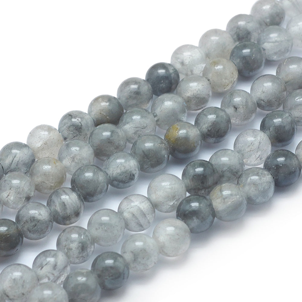 Natural Cloudy Quartz Beads, Round, Cloudy Grey Blue Color. Semi-Precious Gemstone Beads for DIY Jewelry Making.   Size: 8mm Diameter, Hole: 1mm; approx. 45pcs/strand, 15" Inches Long.  Material: Natural Cloudy Quartz Beads, Gray Color. Polished, Shinny Finish. 