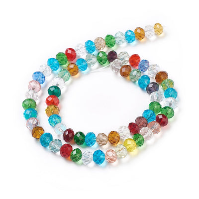 Glass Beads, Faceted, Mixed Color, Rondelle, Glass Crystal Beads for Jewelry Making.  Size: 10mm Diameter, 7mm Thick, Hole: 1mm; approx. 70pcs/strand, 21" inches long.  Material: The Beads are Made from Glass. Glass Crystal Beads, Faceted, Rondelle, Mixed Color Beads. Polished, Shinny Finish. 