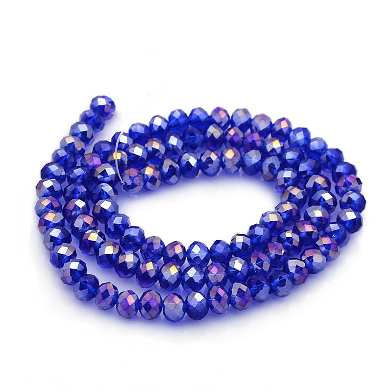 Electroplated Glass Beads, Faceted, Blue Color, Rondelle, Glass Crystal Bead Strands. Shinny, Premium Quality Crystal Beads for Jewelry Making.  Size: 6mm Diameter, 4mm Thick, Hole: 1mm; approx. 98pcs/strand, 18" inches long.  Material: The Beads are Made from Glass. Electroplated Glass Crystal Beads, Rondelle, Deep Blue Colored Beads. Polished, Shinny Finish.