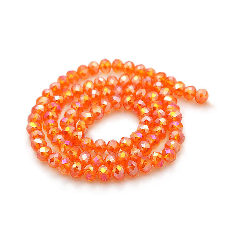 Electroplated Glass Beads, Faceted, Orange Color, Rondelle, Glass Crystal Bead Strands. Shinny, Premium Quality Crystal Beads for Jewelry Making.  Size: 6mm Diameter, 4mm Thick, Hole: 1mm; approx. 98pcs/strand, 17" inches long.  Material: The Beads are Made from Glass. Electroplated Glass Crystal Beads, Rondelle, Dark Orange AB Colored Beads. Polished, Shinny Finish.