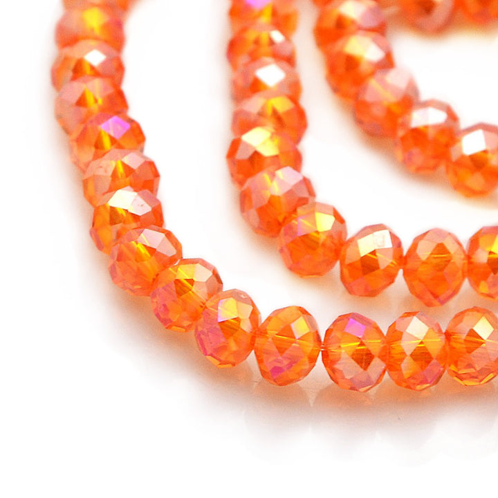 Electroplated Glass Beads, Faceted, Orange Color, Rondelle, Glass Crystal Bead Strands. Shinny, Premium Quality Crystal Beads for Jewelry Making.  Size: 6mm Diameter, 4mm Thick, Hole: 1mm; approx. 98pcs/strand, 17" inches long.  Material: The Beads are Made from Glass. Electroplated Glass Crystal Beads, Rondelle, Dark Orange AB Colored Beads. Polished, Shinny Finish.