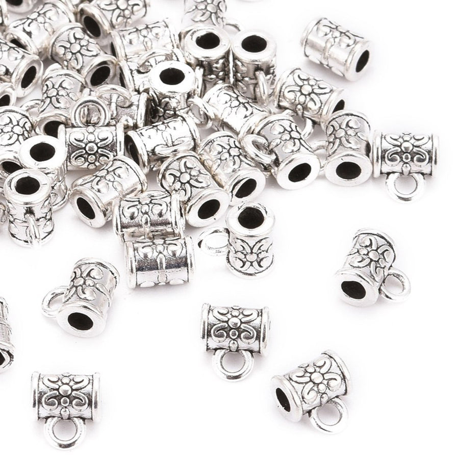 Column Shaped Tibetan Bail Tube Beads, Antique Silver Tube Bails for Jewelry Making.  Size: 5.5mm Diameter, 7.5mm Length Hole: 2.5mm, Quantity: 5pcs/bag.  Material: Alloy (Lead and Nickel Free) Connectors, Bail Beads. Antique Silver Color. Shinny Finish.