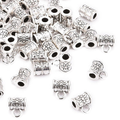 Column Shaped Tibetan Bail Tube Beads, Antique Silver Tube Bails for Jewelry Making.  Size: 5.5mm Diameter, 7.5mm Length Hole: 2.5mm, Quantity: 5pcs/bag.  Material: Alloy (Lead and Nickel Free) Connectors, Bail Beads. Antique Silver Color. Shinny Finish.