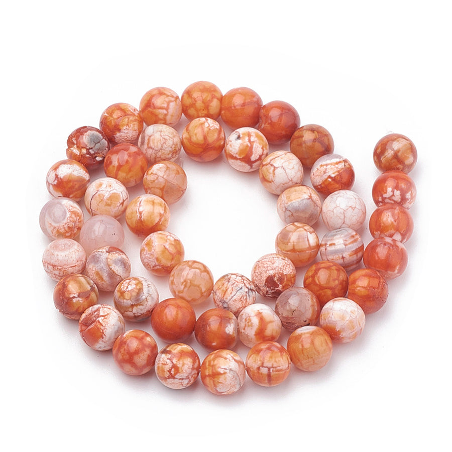 Crackle Agate Beads, Dyed, Coral Orange, Round, Polished Beads. Semi-Precious Gemstone Beads for Jewelry Making.  Size: 8mm Diameter, Hole: 1mm; approx. 46pcs/strand, 14.5" Inches Long.  Material: Crackle Agate Beads, Coral Orange Color, Shinny Polished Finish.