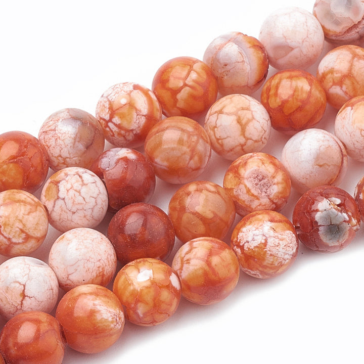 Crackle Agate Beads, Dyed, Coral Orange, Round, Polished Beads. Semi-Precious Gemstone Beads for Jewelry Making.  Size: 8mm Diameter, Hole: 1mm; approx. 46pcs/strand, 14.5" Inches Long.  Material: Crackle Agate Beads, Coral Orange Color, Shinny Polished Finish.