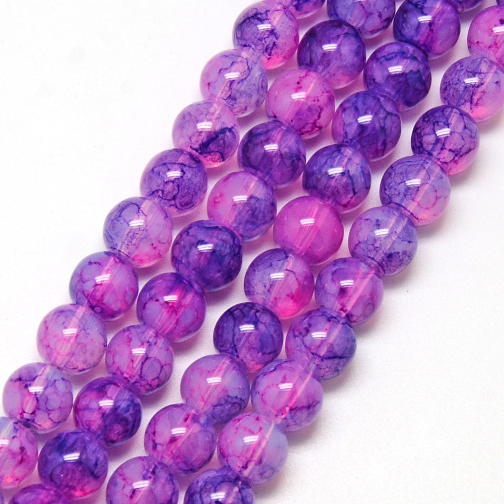 Popular Crackle Glass Beads, Baked Painted Glass, Round, Orchid Purple Color. Glass Beads for DIY Jewelry Making. Affordable Crackle Beads. Great for Stretch Bracelets.. 8mm veined purple orchid colored crackle glass beads