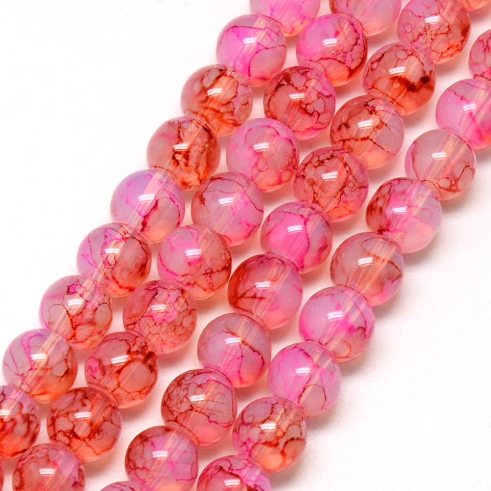 Popular Crackle Glass Beads, Baked Painted Glass, Round, Bright Pink/Red Color. Glass Beads for DIY Jewelry Making. Affordable Crackle Beads. Great for Stretch Bracelets.