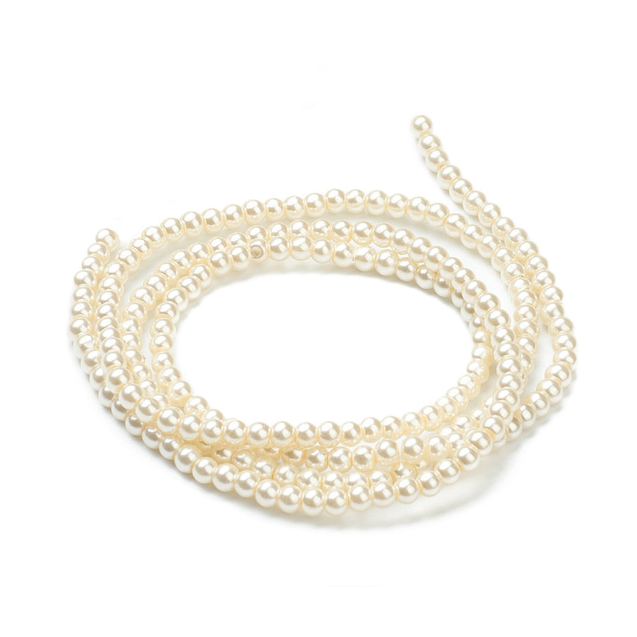 Glass Pearl Beads, Round, Creamy White Color Pearls.  Size: 4mm Diameter, Hole: 1mm, approx. 185pcs/strand, 29 inches/strand.  Material: The Beads are Made from Glass. Cream White Colored Beads. Polished, Shinny Finish.