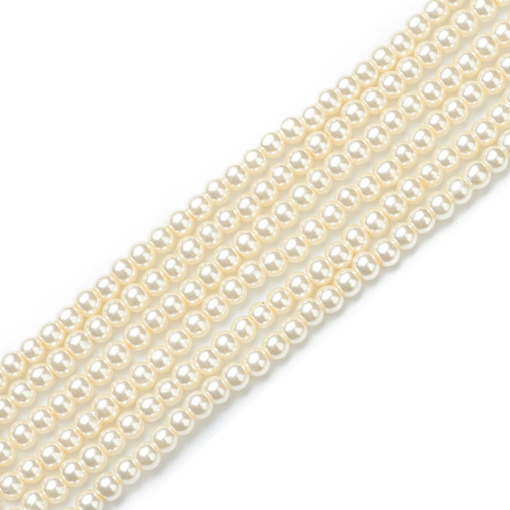 Glass Pearl Beads, Round, Creamy White Color Pearls.  Size: 4mm Diameter, Hole: 1mm, approx. 185pcs/strand, 29 inches/strand.  Material: The Beads are Made from Glass. Cream White Colored Beads. Polished, Shinny Finish.