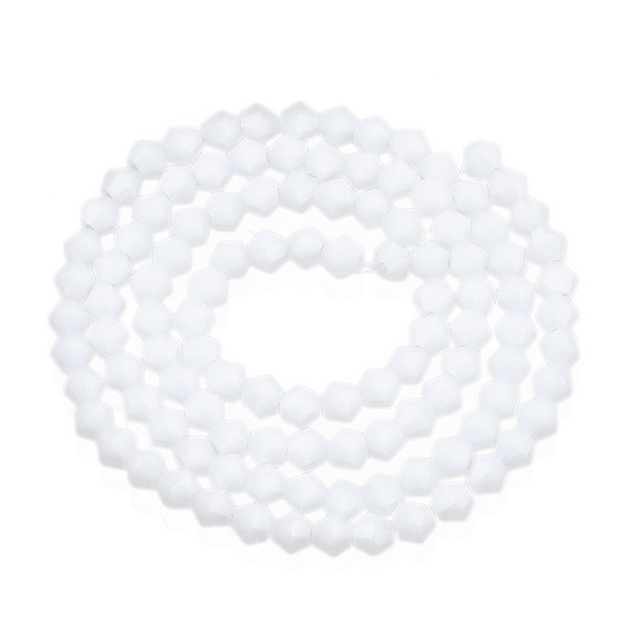 Opaque Glass Beads, Faceted, Creamy White Color, Bicone, Crystal Beads for Jewelry Making.  Size: 4mm Length, 4mm Width, Hole: 1mm; approx. 92pcs/strand, 13.75" inches long.  Material: The Beads are Made from Glass. Austrian Crystal Imitation Glass Crystal Beads, Bicone, Opaque Creamy White Colored Beads. Polished, Shinny Finish. 