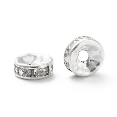Crystal Rondelle Rhinestone Spacer Beads, Round, Silver Color, Shinny Silver Spacer Charm Beads for DIY Jewelry Making. Add Some Shine and Sparkle to Your Creations.  Size: 8mm in Diameter, 2.5mm Thick, Hole Size: approx. 2mm, approx. 50pcs/bag.  Material: Alloy Crystal Rondelle Spacer Beads. Each Spacer Bead Features 6 Sparkling Mini Crystals. Shinny Finish. 