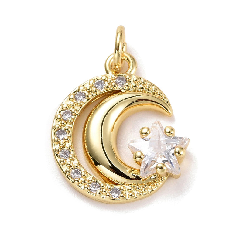 Brass Micro Pave Cubic Zirconia Moon Pendant. 18K Gold Plated Moon with Clear Cubic Zirconia Star Pendant Charms for DIY Jewelry Making.   Size: 16mm Length, 14mm Width, 2.5mm Thick, Hole: 1mm, Quantity: 1pcs/package.  Material: Clear Cubic Zirconia, Brass Micro Pave Pendant. Real 18K Gold Plated Moon shaped Pendant.