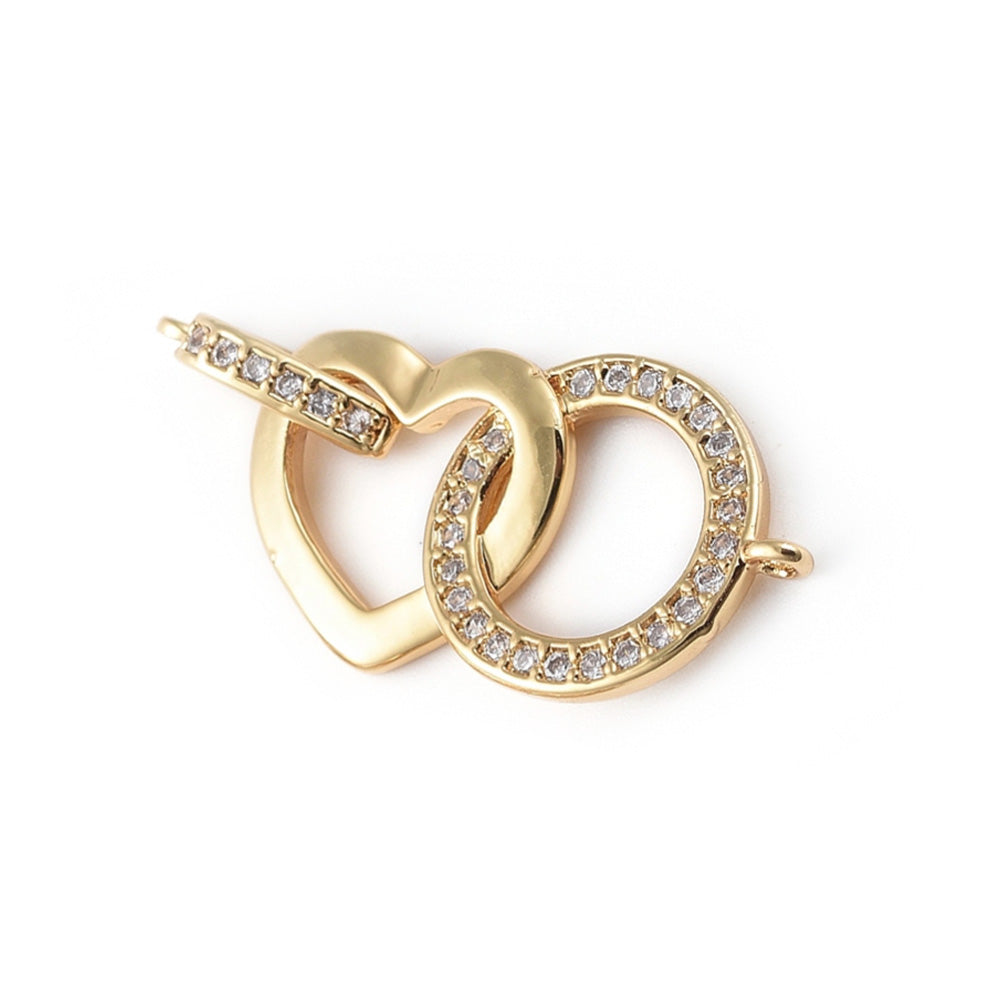 Heart Shaped Link Connectors Brass Micro Pave Cubic Zirconia Links. Gold Plated Link Connector for DIY Jewelry Making. Unique Focal Beads.   Size: 30mm Length, 13mm Width, 5mm thick,  Hole: 1mm, Quantity: 1pcs/package.  Material: Clear Crystal Cubic Zirconia Brass Micro Pave Links. Gold Color Plated Heart & Circle Link Shape. Shinny, Sparkling Finish.