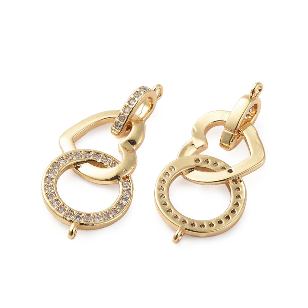Heart Shaped Link Connectors Brass Micro Pave Cubic Zirconia Links. Gold Plated Link Connector for DIY Jewelry Making. Unique Focal Beads.   Size: 30mm Length, 13mm Width, 5mm thick,  Hole: 1mm, Quantity: 1pcs/package.  Material: Clear Crystal Cubic Zirconia Brass Micro Pave Links. Gold Color Plated Heart & Circle Link Shape. Shinny, Sparkling Finish.