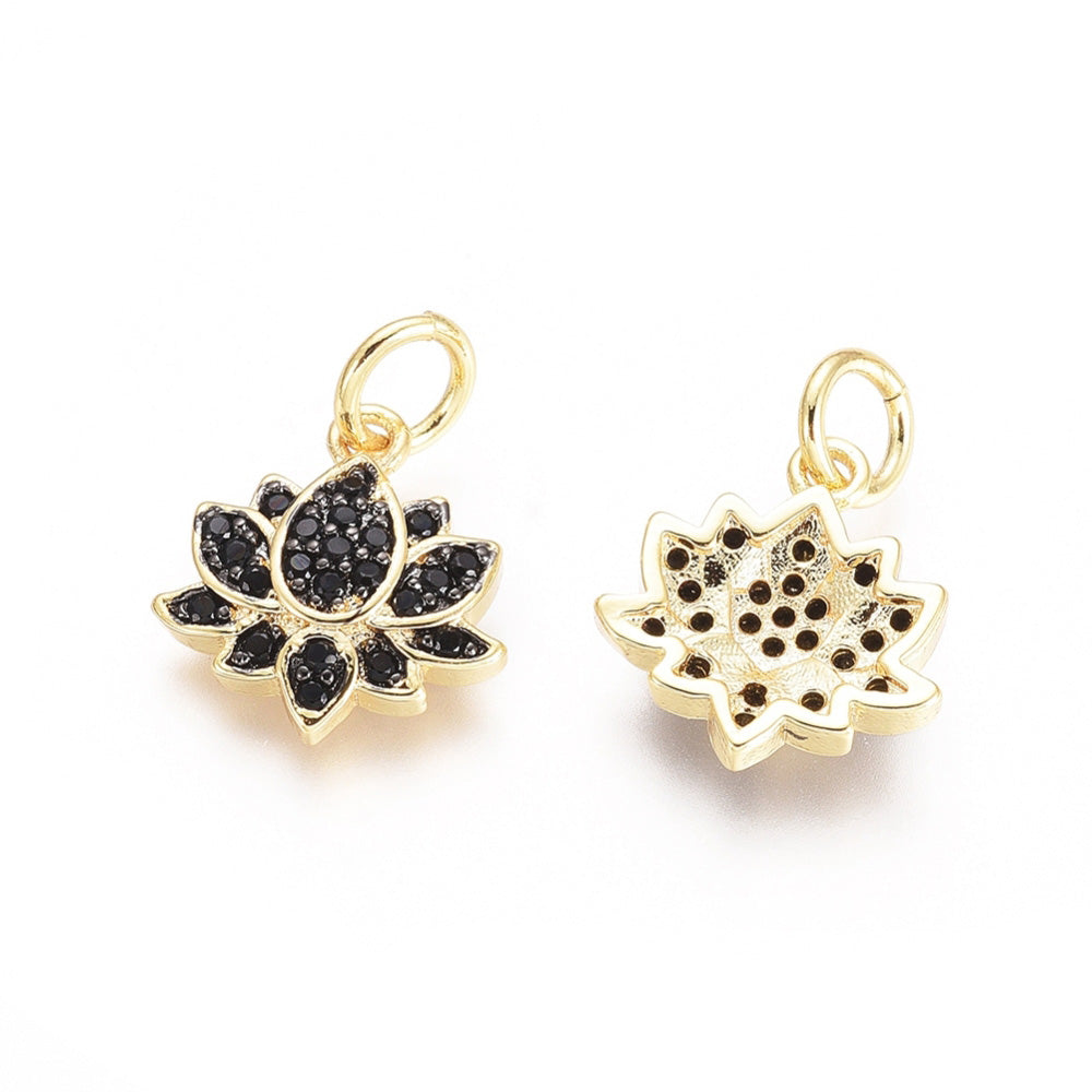 Brass Micro Pave Cubic Zirconia Lotus Shape Charms, Gold Color with Black Cubic Zirconia Charms for DIY Jewelry Making.   Size: 12mm Length, 11mm Width, 2.5mm Thick, Hole: 3mm, Quantity: 1pcs/package.  Material: Cubic Zirconia Brass Micro Pave Charms with Jump Ring. Black, Gunmetal and Gold Color Charm.