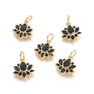 Brass Micro Pave Cubic Zirconia Lotus Shape Charms, Gold Color with Black Cubic Zirconia Charms for DIY Jewelry Making.   Size: 12mm Length, 11mm Width, 2.5mm Thick, Hole: 3mm, Quantity: 1pcs/package.  Material: Cubic Zirconia Brass Micro Pave Charms with Jump Ring. Black, Gunmetal and Gold Color Charm.