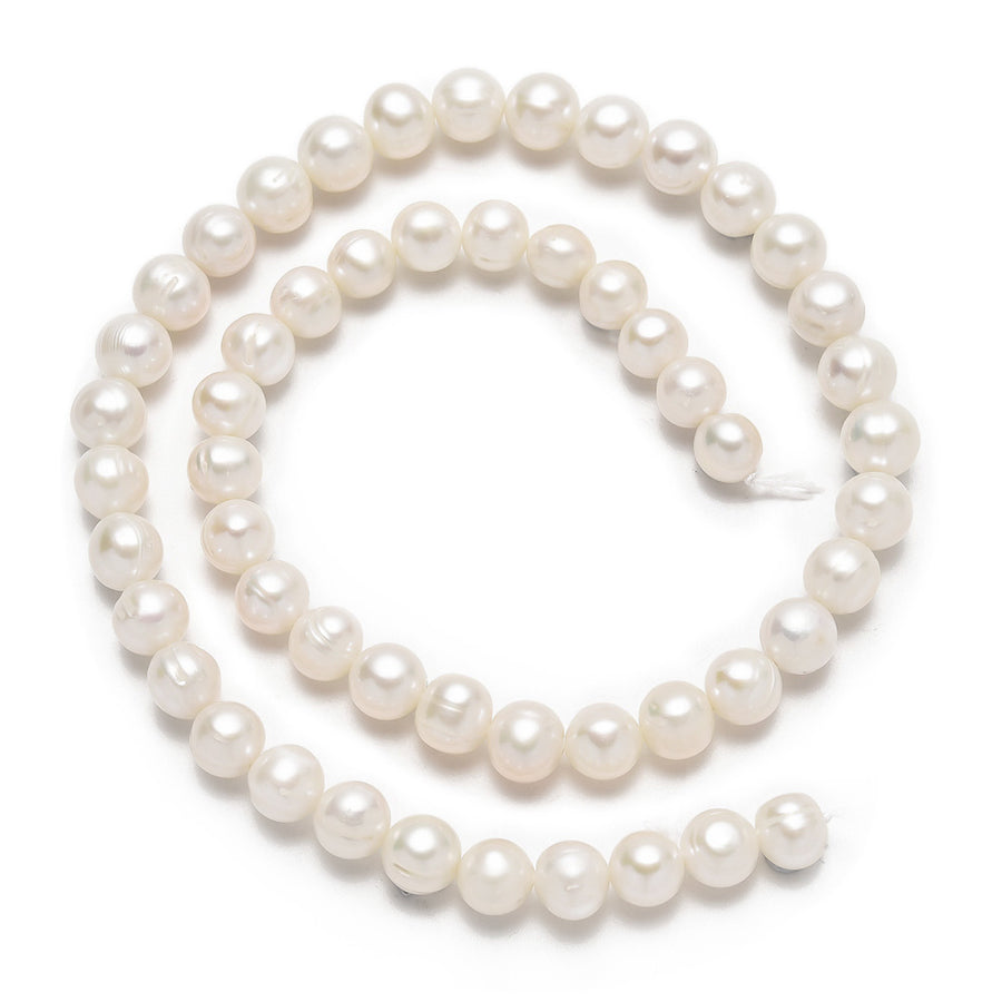 Cultured Freshwater Pearl Beads, Round Pearls, White Color. Natural Pearls for DIY Jewelry.  Material: Premium Grade "A"  Genuine Pearl Beads. Cultured Freshwater Pearls, Round, White Color.   Size: 8-9mm Diameter, Hole: 0.5mm, approx. 48pcs/strand, 14 inch/strand.