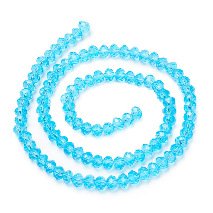 Glass Crystal Beads, Faceted, Ice Blue Color, Rondelle, Glass Crystal Bead Strands. Shinny Crystal Beads for Jewelry Making.  Size: 8mm Diameter, 6mm Thick, Hole: 1mm; approx. 65pcs/strand, 16" inches long.  Material: The Beads are Made from Glass. Glass Crystal Beads, Rondelle, Light Ice Blue Colored Beads. Polished, Shinny Finish.   