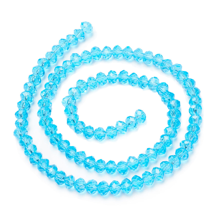 Glass Crystal Beads, Faceted, Cyan Blue Color, Rondelle, Glass Crystal Bead Strands. Shinny Crystal Beads for Jewelry Making.  Size: 6mm Diameter, 5mm Thick, Hole: 1mm; approx. 85-88pcs/strand, 16" inches long.  Material: The Beads are Made from Glass. Glass Crystal Beads, Rondelle, Cyan Blue Colored Beads. Polished, Shinny Finish.