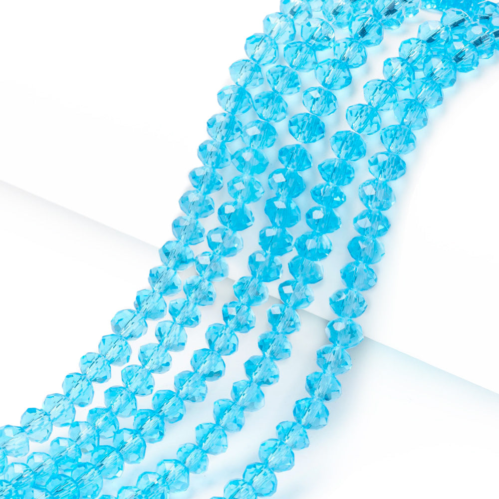 Glass Crystal Beads, Faceted, Ice Blue Color, Rondelle, Glass Crystal Bead Strands. Shinny Crystal Beads for Jewelry Making.  Size: 8mm Diameter, 6mm Thick, Hole: 1mm; approx. 65pcs/strand, 16" inches long.  Material: The Beads are Made from Glass. Glass Crystal Beads, Rondelle, Light Ice Blue Colored Beads. Polished, Shinny Finish.   