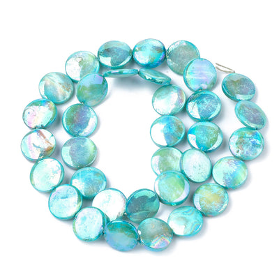 Freshwater Shell Beads, Flat Round Shape, Cyan Color Plated. Freshwater Shell Beads for Jewelry Making. Affordable High Quality Beads for Jewelry Making.  Size: 10mm Long,  3.5mm Thick, Hole: 1mm; approx. 32 pcs/strand, 14" inches long.  Material: The Beads are Natural Freshwater Shell Beads, Flat Round Shaped, Color Plated, Dyed Cyan. Shinny Finish.