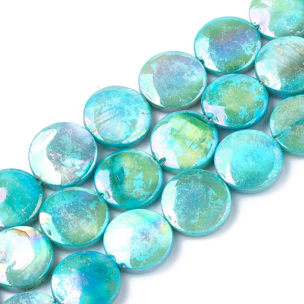 Freshwater Shell Beads, Flat Round Shape, Cyan Color Plated. Freshwater Shell Beads for Jewelry Making. Affordable High Quality Beads for Jewelry Making.  Size: 10mm Long,  3.5mm Thick, Hole: 1mm; approx. 32 pcs/strand, 14" inches long.  Material: The Beads are Natural Freshwater Shell Beads, Flat Round Shaped, Color Plated, Dyed Cyan. Shinny Finish.