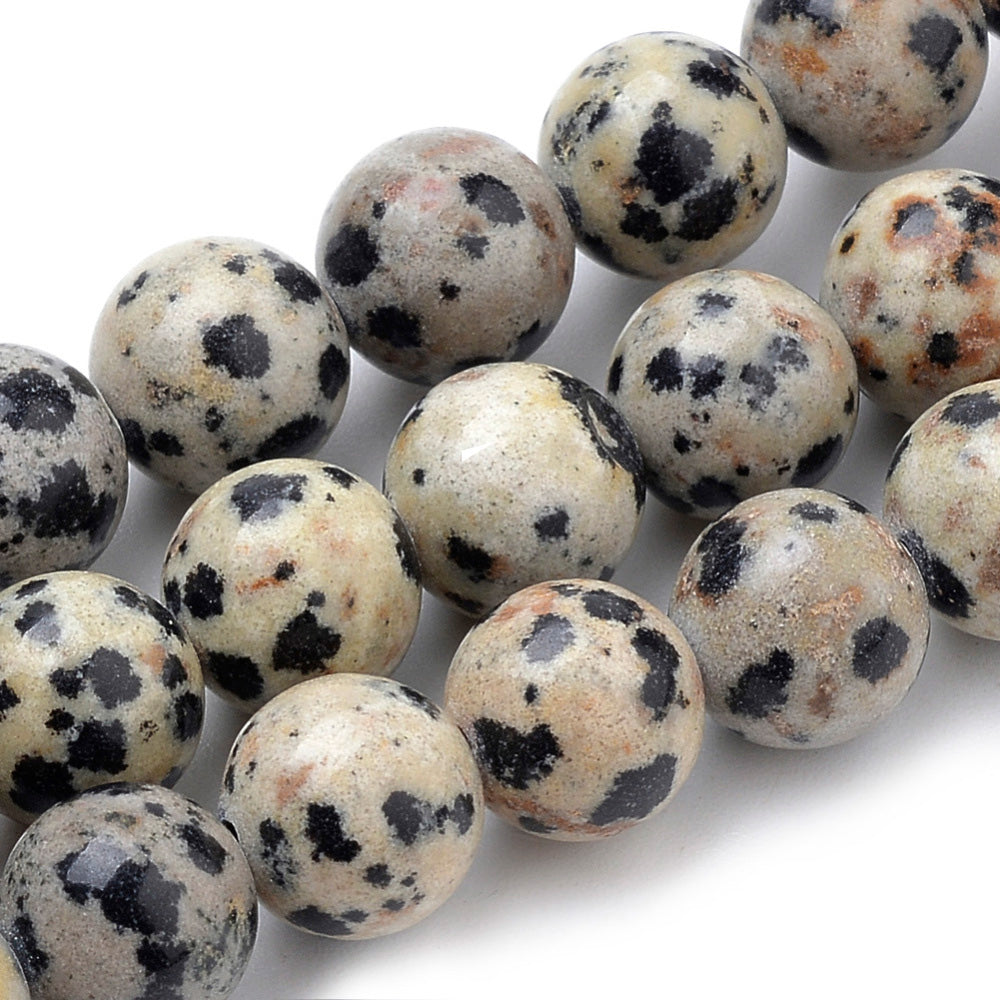 Natural Dalmatian Jasper Beads Strands, Round. Dalmatian Stone, Semi-precious Gemstone Beads for DIY Jewelry Making.  Size: 6mm Diameter, Hole: 1mm, approx. 60pcs/strand, 15" inches long.   Material: Natural Dalmatian Jasper Beads Strands, Round. Loose Stone Beads, High Quality Polished Stone Beads. Shinny, Polished Finish. Dalmatian Stone, also called Dalmatian Jasper, is a pale grey-cream or beige-brown Jasper Stone with Brown and/ or Black Spots. 