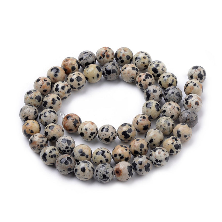 Natural Dalmatian Jasper Beads Strands, Round. Dalmatian Stone, Semi-precious Gemstone Beads for DIY Jewelry Making.  Size: 6mm Diameter, Hole: 1mm, approx. 60pcs/strand, 15" inches long.   Material: Natural Dalmatian Jasper Beads Strands, Round. Loose Stone Beads, High Quality Polished Stone Beads. Shinny, Polished Finish. Dalmatian Stone, also called Dalmatian Jasper, is a pale grey-cream or beige-brown Jasper Stone with Brown and/ or Black Spots. 