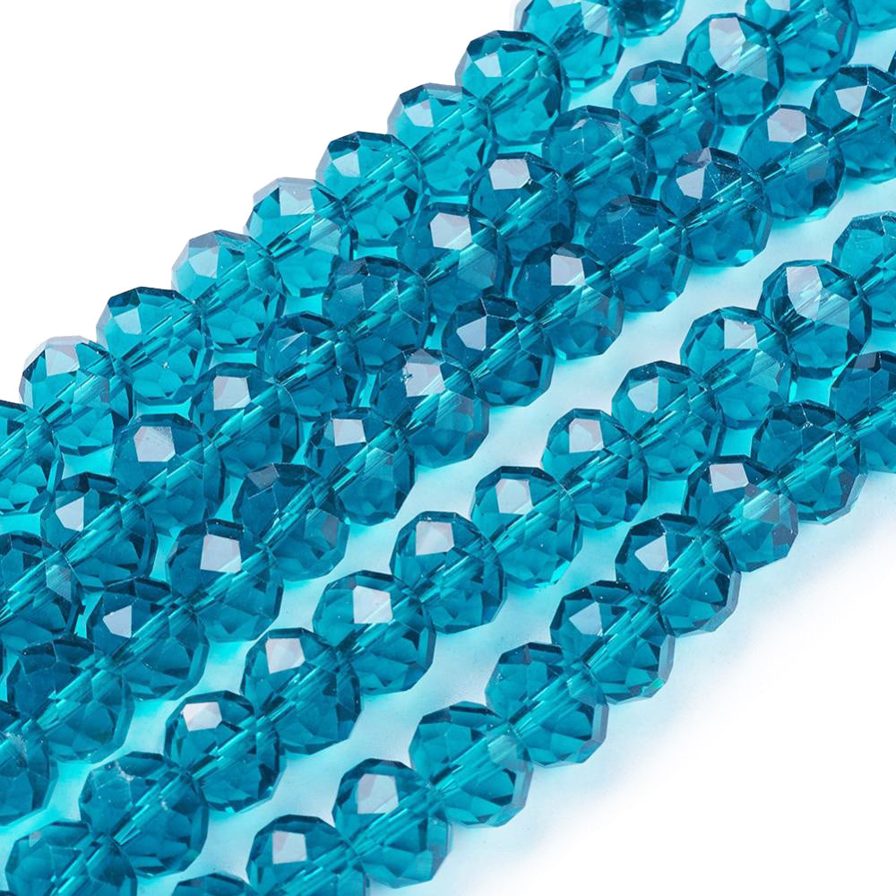 Glass Crystal Beads, Faceted, Dark Cyan Color, Rondelle, Glass Crystal Bead Strands. Shinny, Premium Quality Crystal Beads for Jewelry Making.  Size: 10mm Diameter, 7mm Thick, Hole: 1mm; approx. 70pcs/strand, 16" inches long.  Material: The Beads are Made from Glass. Glass Crystal Beads, Rondelle, Dark Cyan Colored Beads. Polished, Shinny Finish.