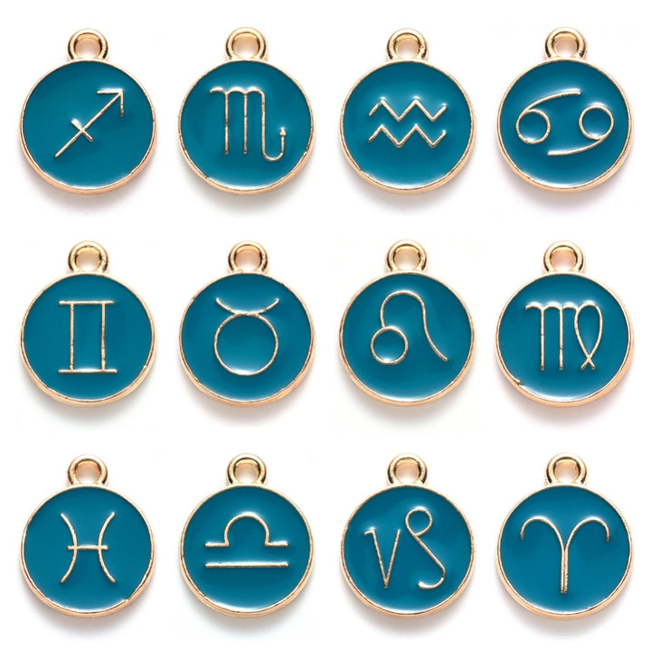 Zodiac Enamel Charms, Light Gold Plated, Cyan Color. Round, Flat Pendants for DIY Jewelry Making. Add a Personal Touch to Your Jewelry Creations.  Size: approx.15mm Long, 12mm Diameter, 2mm Thick. Hole Size: 1.5mm, 12pcs/bag.  Material: Alloy Enamel Pendants. Gold Plated, Zodiac Charms. Black Color, Shinny Finish. 