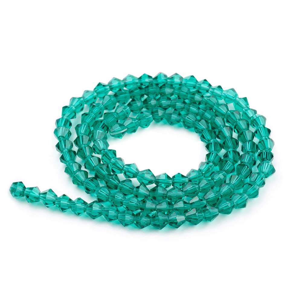 Glass Beads, Faceted, Dark Cyan Color, Bicone, Crystal Beads for Jewelry Making.  Size: 4mm Length, 4mm Width, Hole: 1mm; approx. 92pcs/strand, 13.75" inches long.  Material: The Beads are Made from Glass. Austrian Crystal Imitation Glass Crystal Beads, Bicone, Dark Cyan Colored Beads. Polished, Shinny Finish.