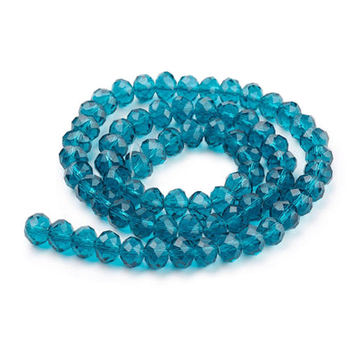 Glass Crystal Beads, Faceted, Dark Cyan Color, Rondelle, Glass Crystal Bead Strands. Shinny, Premium Quality Crystal Beads for Jewelry Making.  Size: 8mm Diameter, 6mm Thick, Hole: 1mm; approx. 65pcs/strand, 16" inches long.  Material: The Beads are Made from Glass. Glass Crystal Beads, Rondelle, Dark Cyan Colored Beads. Polished, Shinny Finish.