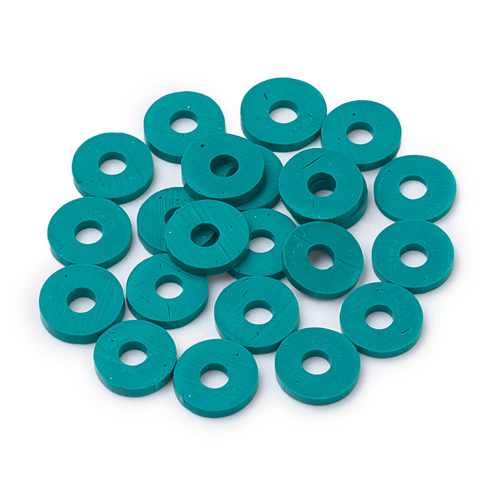 Handmade Polymer Clay Beads, Flat Disc Shape, Dark Cyan Color. Polymer Clay Heishi Spacer Beads for DIY Jewelry Making Craft Supplies. Great for Friendship Bracelets.  Size: 8mm Diameter, 0.5-1mm Thick, Hole: 2mm, approx. 380pcs/strand, 17 Inches Long.  Material: Handmade, High Quality Polymer Clay, Heishi Loose Beads. Dark Cyan Color, Disc Shaped, Lightweight Beads. Smooth Finish.