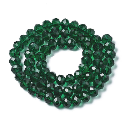 Glass Crystal Beads, Faceted, Emerald Green Color, Rondelle, Glass Crystal Bead Strands. Shinny, Premium Quality Crystal Beads for Jewelry Making.  Size: 8mm Diameter, 6mm Thick, Hole: 1mm; approx. 65pcs/strand, 16" inches long.  Material: The Beads are Made from Glass. Glass Crystal Beads, Rondelle, Deep Emerald Green Colored Beads. Polished, Shinny Finish.   