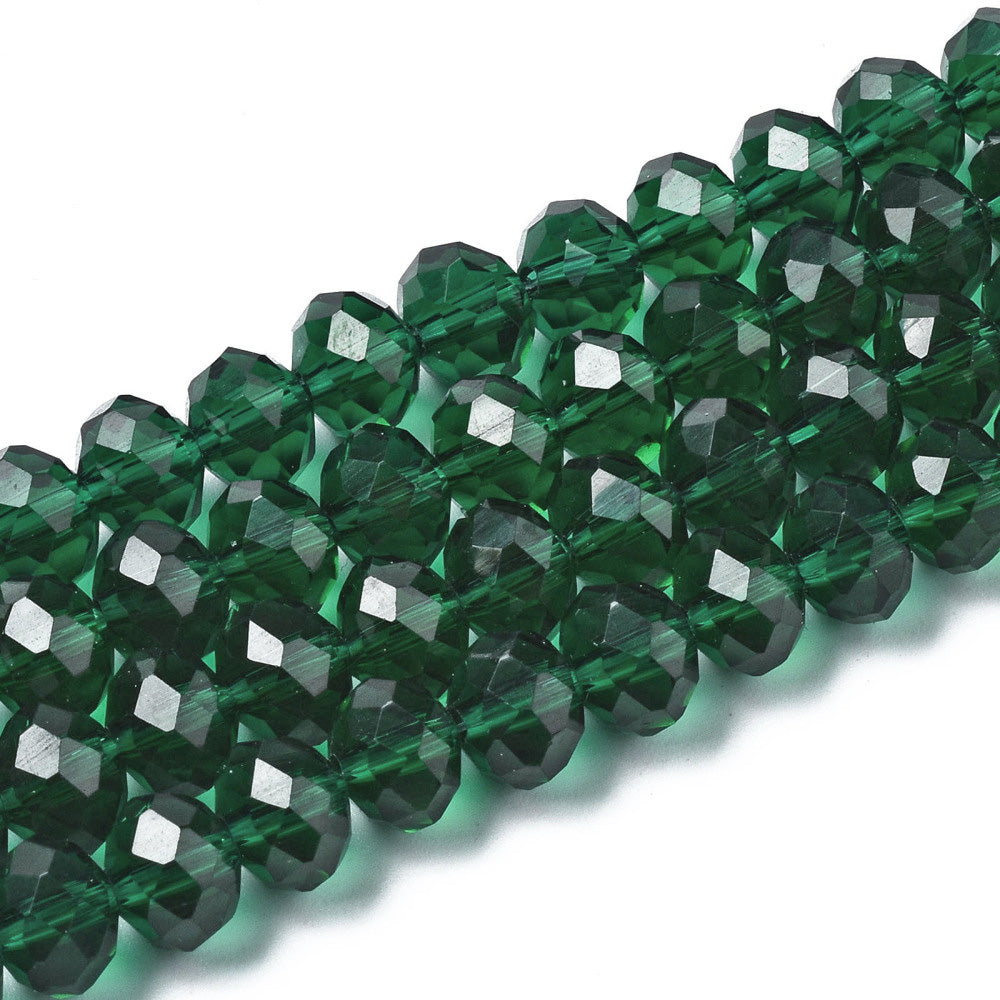 Glass Crystal Beads, Faceted, Emerald Green Color, Rondelle, Glass Crystal Bead Strands. Shinny, Premium Quality Crystal Beads for Jewelry Making.  Size: 8mm Diameter, 6mm Thick, Hole: 1mm; approx. 65pcs/strand, 16" inches long.  Material: The Beads are Made from Glass. Glass Crystal Beads, Rondelle, Deep Emerald Green Colored Beads. Polished, Shinny Finish.   
