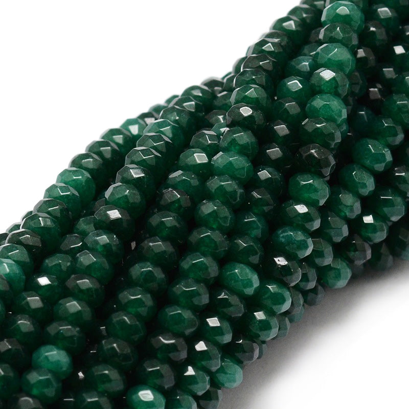 Faceted Green Jade Crystal Beads, Rondelle, Dark Green Color. Semi-Precious Gemstone Beads for DIY Jewelry Making.   Size: 4mm Diameter, 2-3mm Thick, Hole: 1mm; approx. 110pcs/strand, 14 Inches Long.  Material: Natural Malaysia Jade Beads, Green Color. Polished, Shinny Finish. 